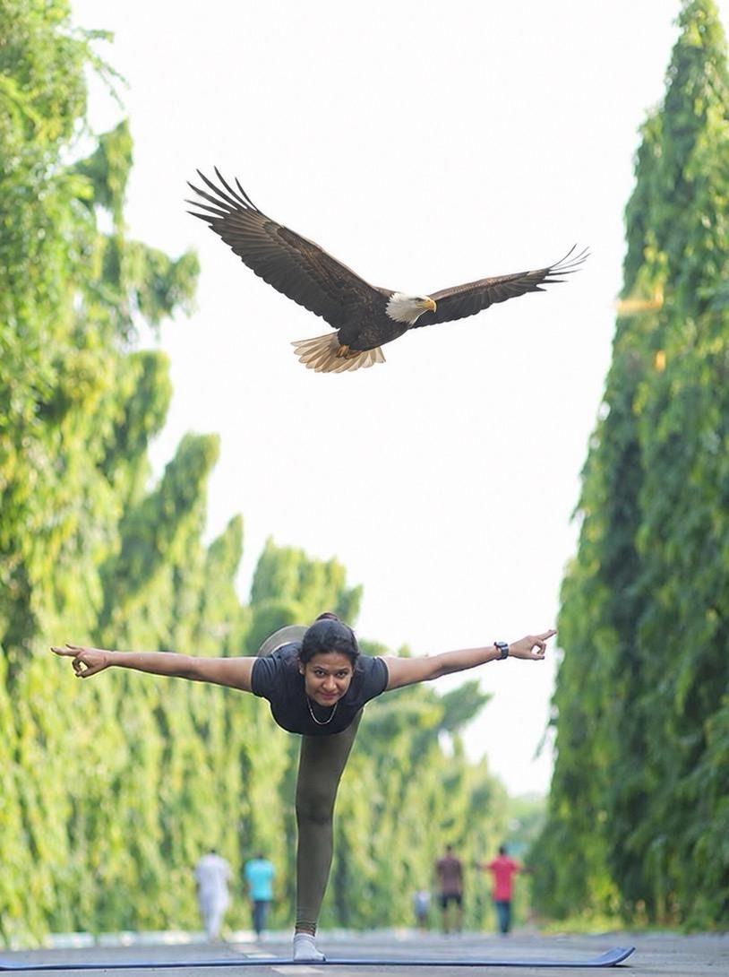 Kanchan Jha in a warrior balance as an eagle soars overhead